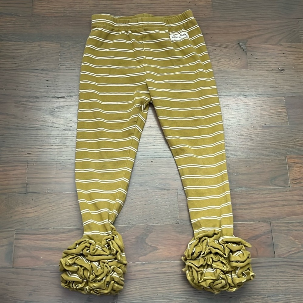 Sew Sassy Boutique Ruffle Leggings Pants Green with Stripes size 2 T